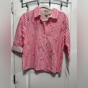 Teddi pink gingham seersucker floral‎ button blouse women’s S cottagecore preppy